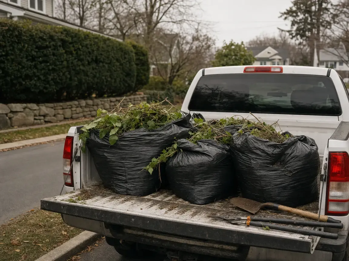 Tied contractor bags of cut vine loaded onto the bed of a work pickup at the curb, with a spade and loppers alongside