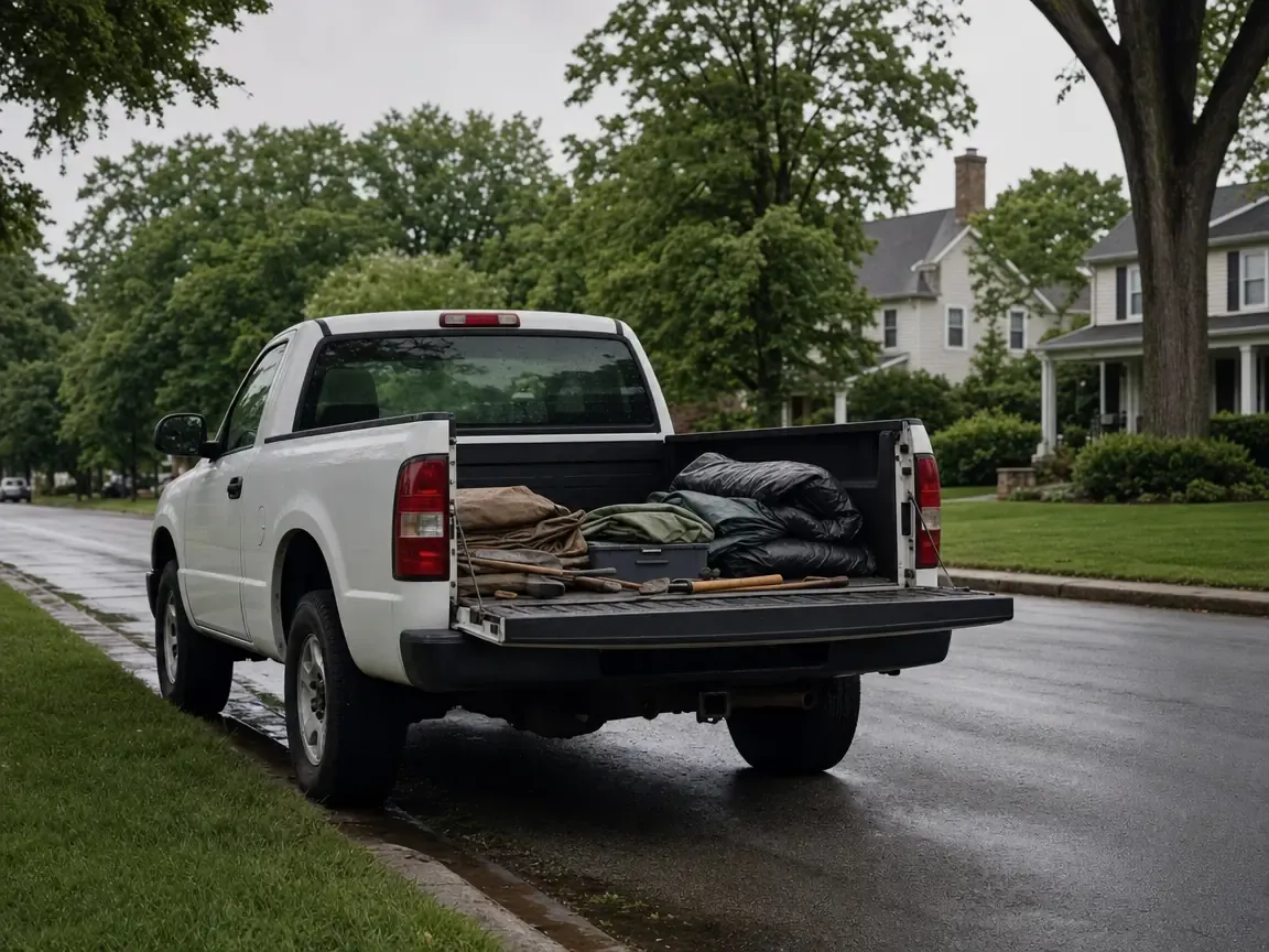 A plain work pickup parked on a leafy suburban street at first light, tailgate down with hand tools, tarps, and folded bags stowed in the bed