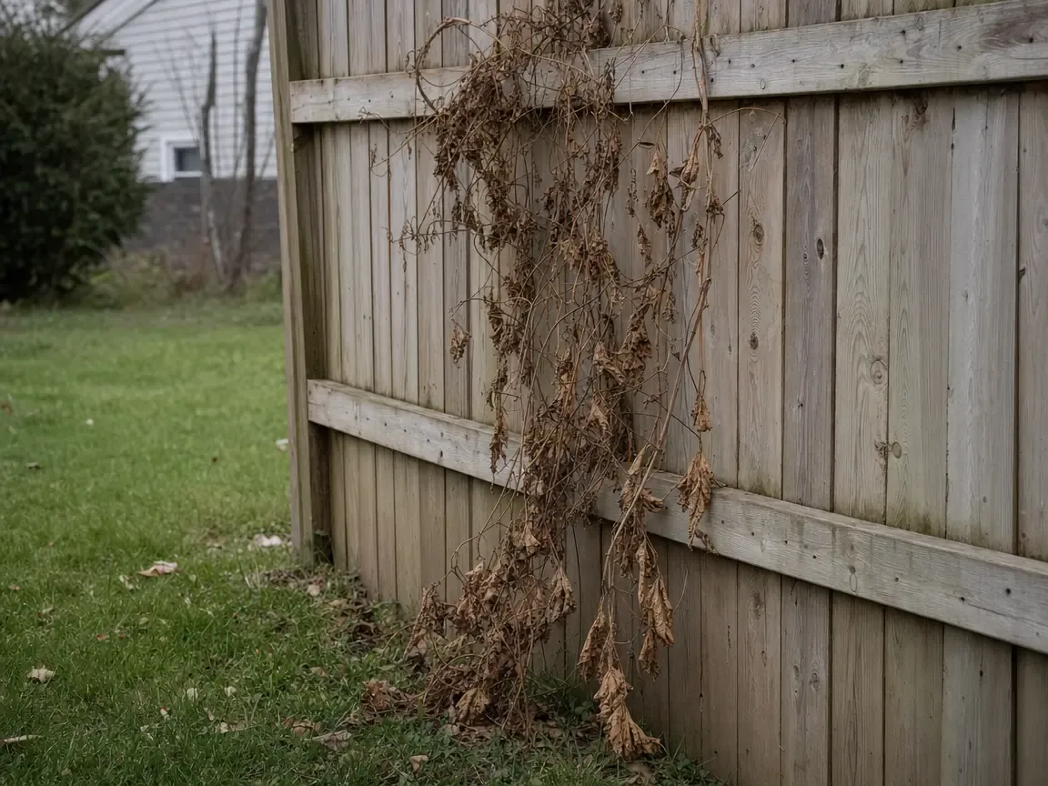 A dead brown brittle vine still clinging to a wooden fence panel where it grew, dry leaves scattered in the grass below