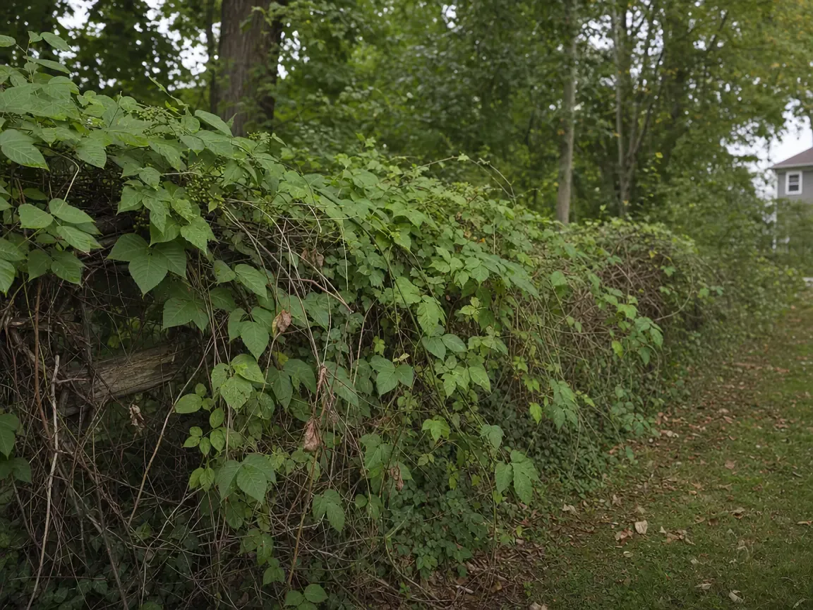 A fence line overrun by woody vines and thorny canes grown through one another