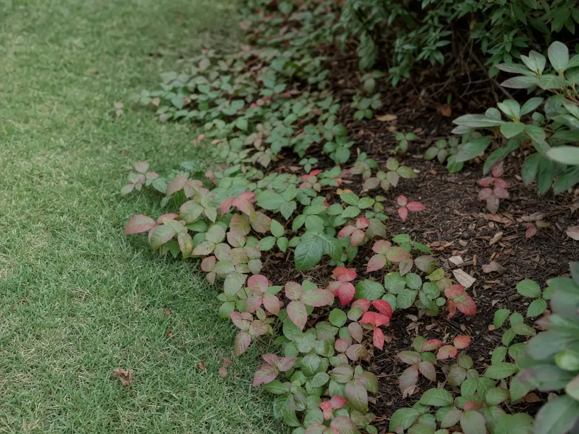 Poison ivy groundcover spreading out of a bed and over the edge of a mown lawn, leaflets turning red