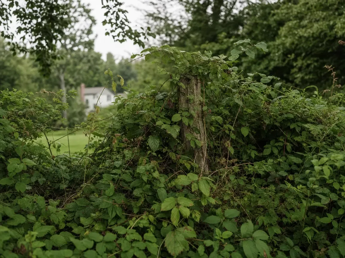 A dense summer hedgerow at the edge of a residential lot, many shrubs and vines grown into one another around a half-swallowed fence post