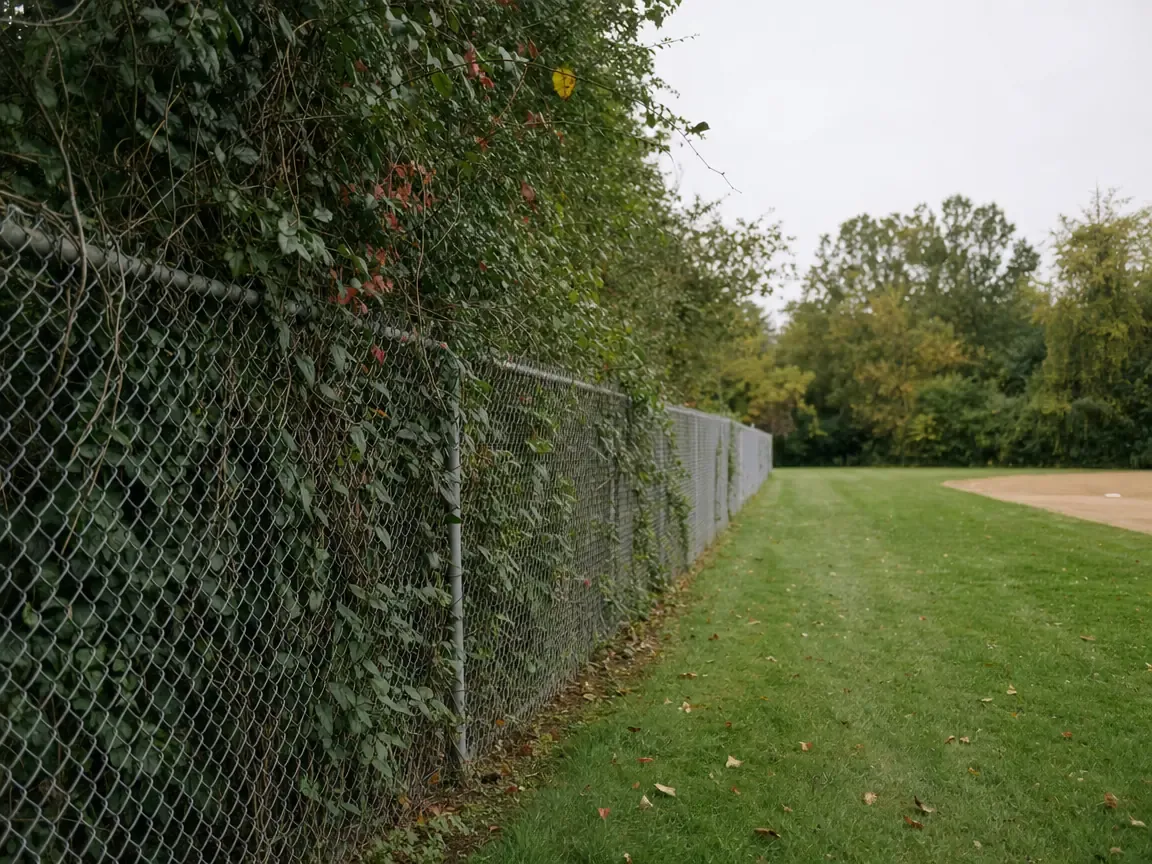 Woody vine growth pushing through a chain-link boundary fence from the woodland side of an empty playing field