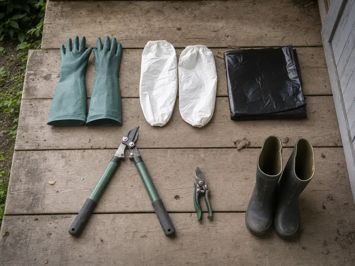 Work kit laid out on weathered board: long cuffed gauntlet gloves, disposable protective sleeves, loppers and a hand pruner, a folded contractor bag, and rubber boots
