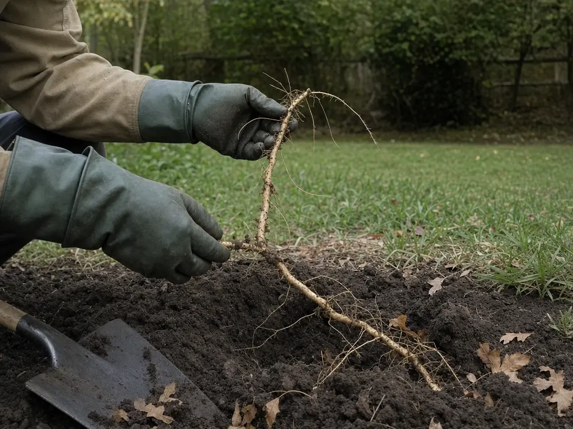 Gloved hands lifting a long pale run of shallow root and creeping stem out of dark soil at a lawn edge, a spade blade resting in the opened ground