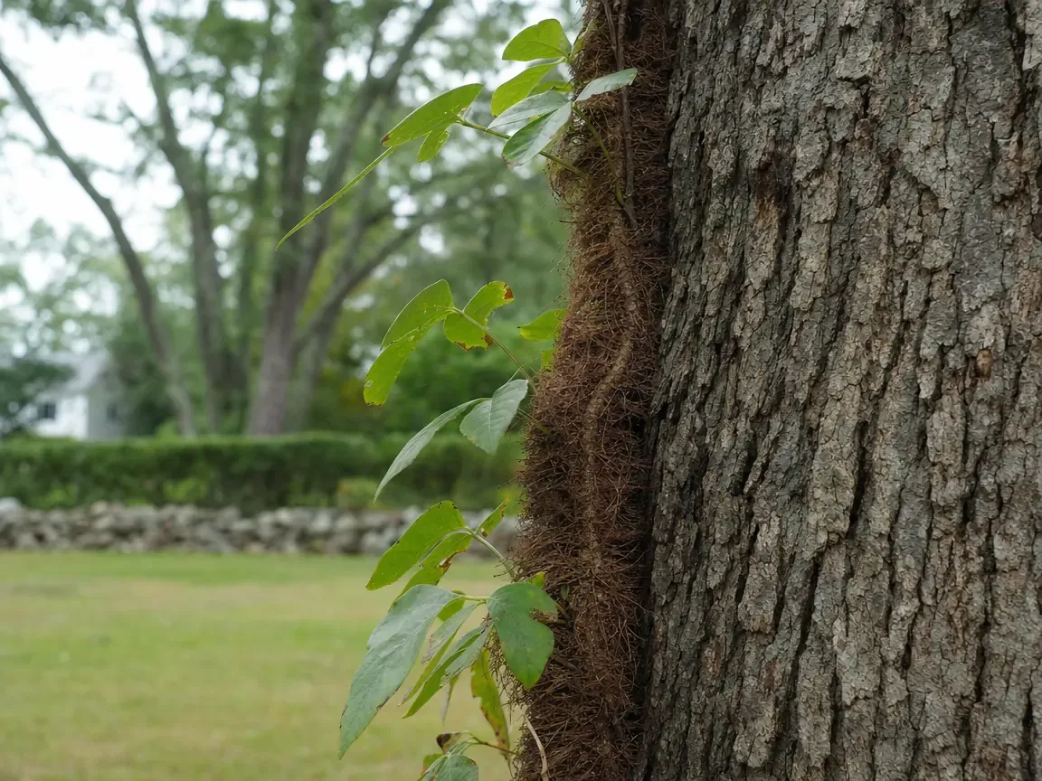 A mature poison ivy vine as thick as a wrist climbing an oak trunk, its stem densely furred with reddish aerial rootlets