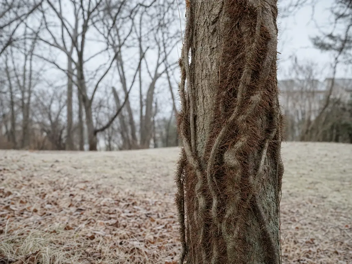 A bare leafless vine, thick and furred with reddish aerial rootlets, wound up the trunk of a bare tree over frosted leaf litter